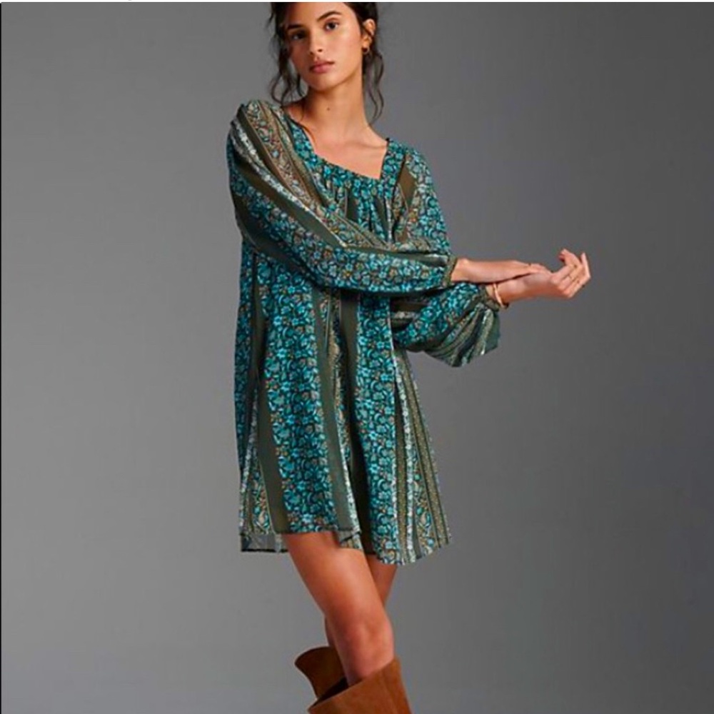 Anthropologie Teal and Olive Floral Peasant Mini Dress